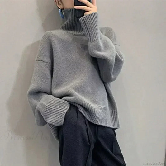 Turtleneck Elegant Gray Red Sweater gery / onesize