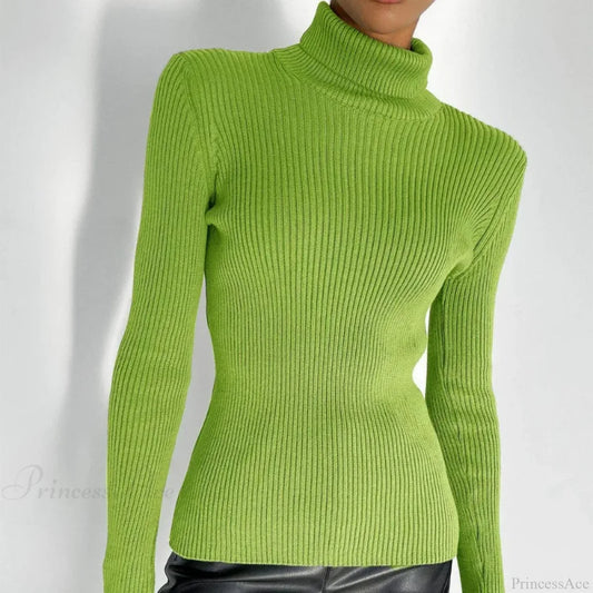Turtleneck Slim Pullover Long Sleeve Sweater Green / M