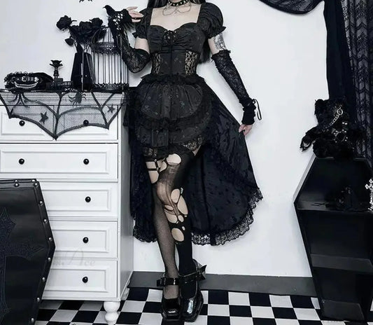 Uneven Folded Lace Black Midi Dress black / S