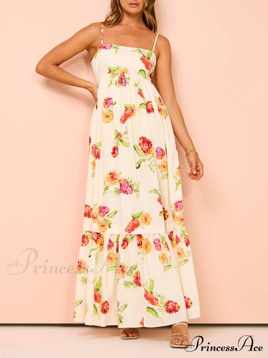 Unique Floral Print Halter Graceful Backless Extra Maxi Dress Beige / S Dresses