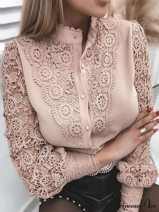 Up Pink Arm Lace Vintage Spliced Button Blouse Women’s Long Casual Top Pink-O / S