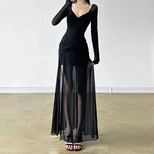 V-Neck Asymmetrical Hem Gothic Full-Length Dress Black / S