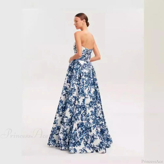V-Neck Flowing Floral Prom Dress blue / S promdress-250223