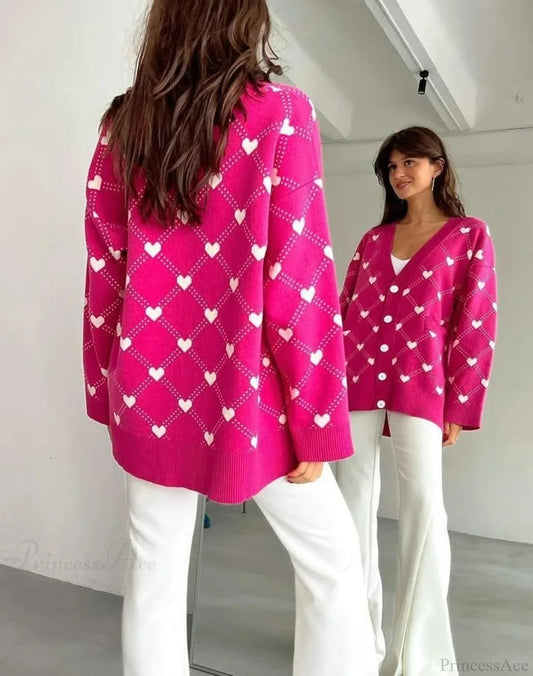 V-Neck Heart Pattern Pocket Cardigan Deep Pink / S Cardigan-241208