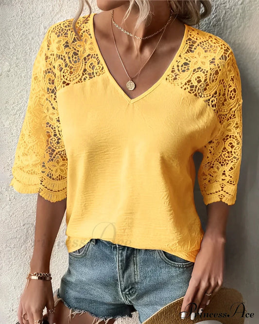 V-neck lace sleeve Blouse Yellow 23BF clothes Short Sleeve Tops Spring Summer T-shirts Tops/Blouses