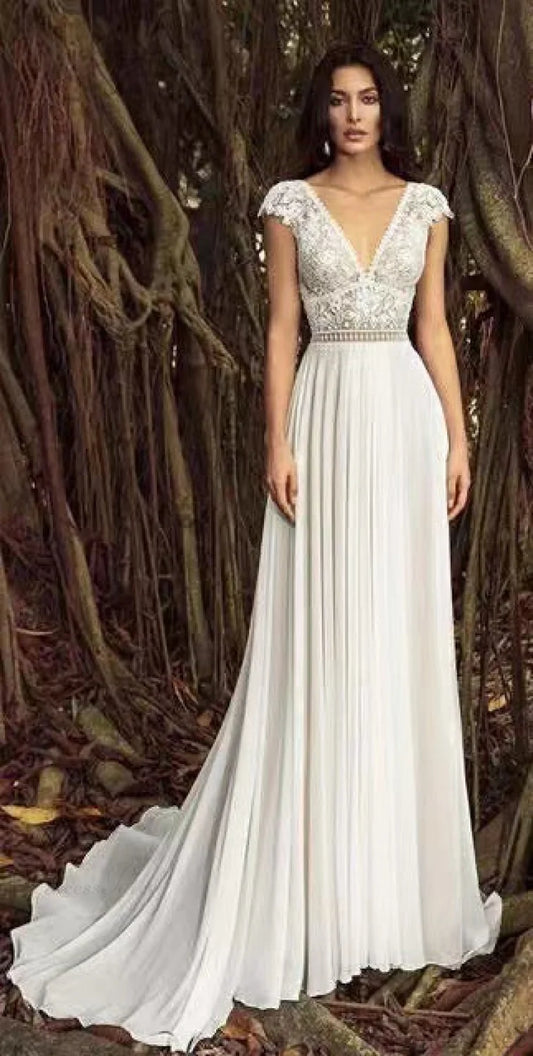 V-Neck Long Train Sheer Tulle Wedding Dress lvory white / 2 weddingdress-250223