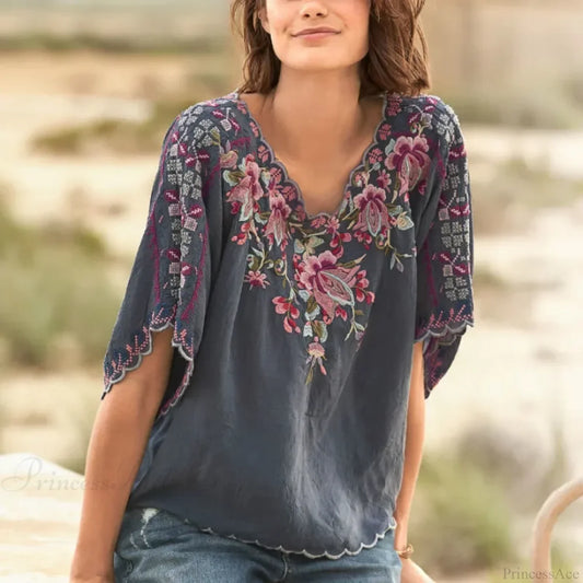 V-Neck Loose Casual Cotton Floral Embroidery Boho Blouse navy / S bohoblouse-250126