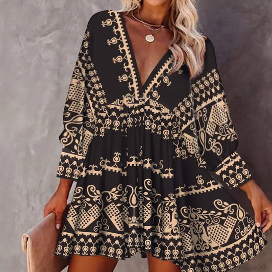 V-neck Loose Lantern Sleeve Boho Mini Dress Black / S bohodress-250126
