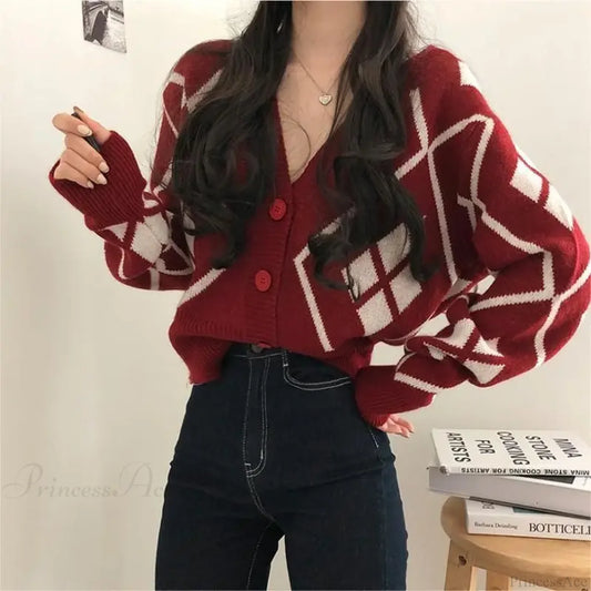 V-neck Printed Button Cardigan Red / S