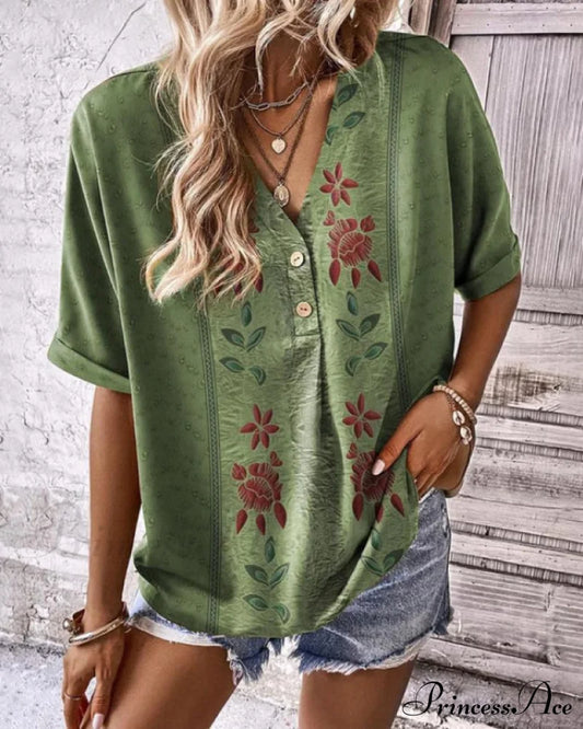 Floral v-neck short-sleeved T-shirt Green 23BF clothes Short Sleeve Tops Summer T-SHIRTS Tops/Blouses