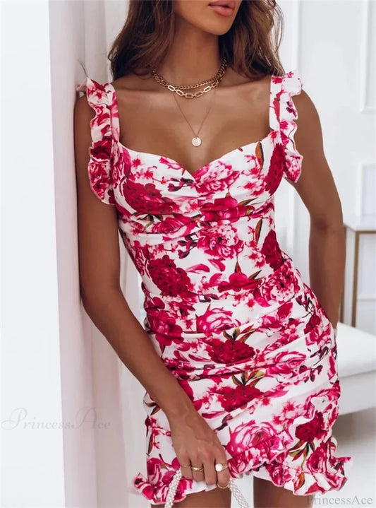 V-neck Sleeveless Ruffle Floral Printed Bodycon Floral Dress Rose Red / S floraldress-250126
