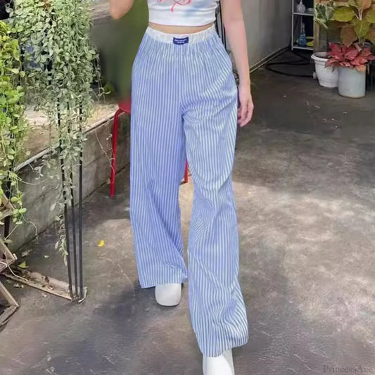 Vertical Stripes High Waist Trousers Pants Blue / S