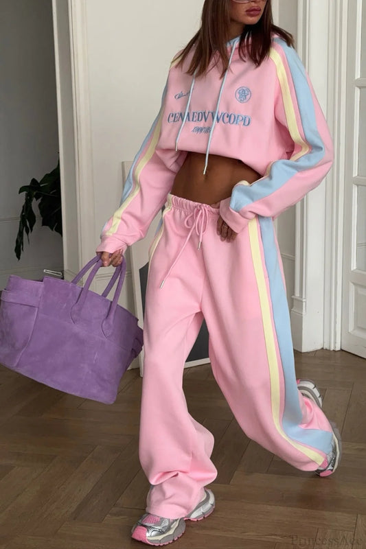 Vibrant Pink Pullover Hoodie Wide Leg Pants Two Piece Set Pink / S