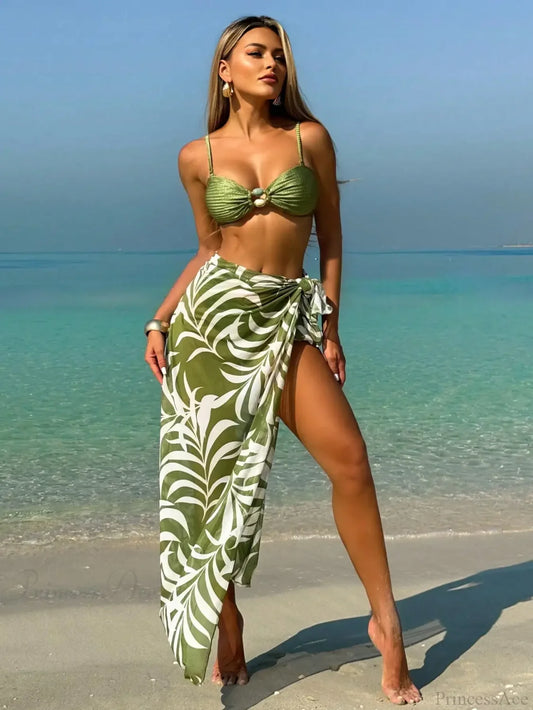 Vintage Bikini with Mesh Skirt Three Piece Swimsuit Green / S
