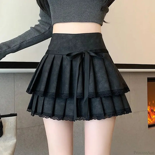 Vintage Bow Pleated PU Skirt skirts-250223