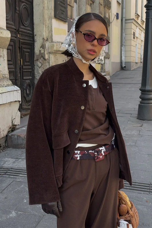Vintage Corduroy Stand Collar Loose Buttoned Jacket