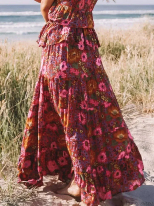 Vintage Fashion Bohemian Red Floral Print Beach Long Skirt skirt-250126