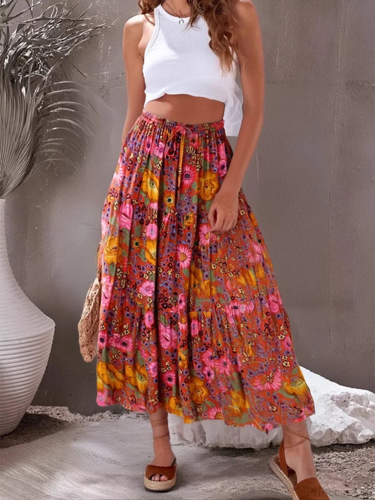 Vintage Fashion Bohemian Red Floral Print Beach Long Skirt RED / S skirt-250126
