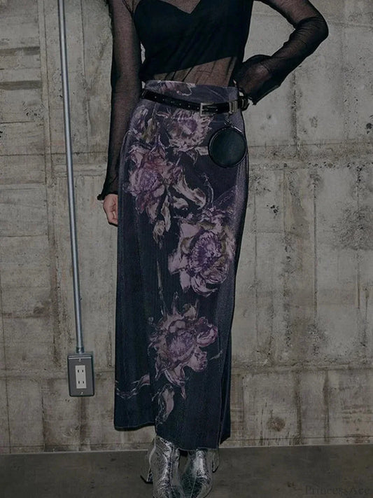 Vintage Floral Print Aesthetic High Waist Skirt PURPLE / S skirt-250126