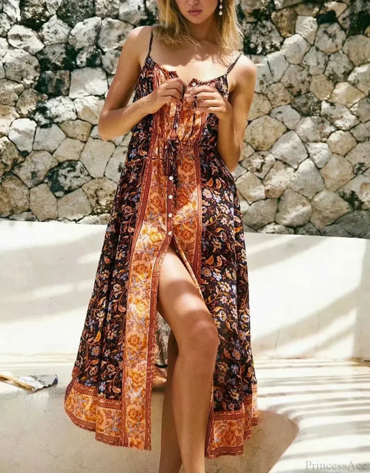 Vintage Floral Print Boho Midi Dress Brown / S bohodress-250126
