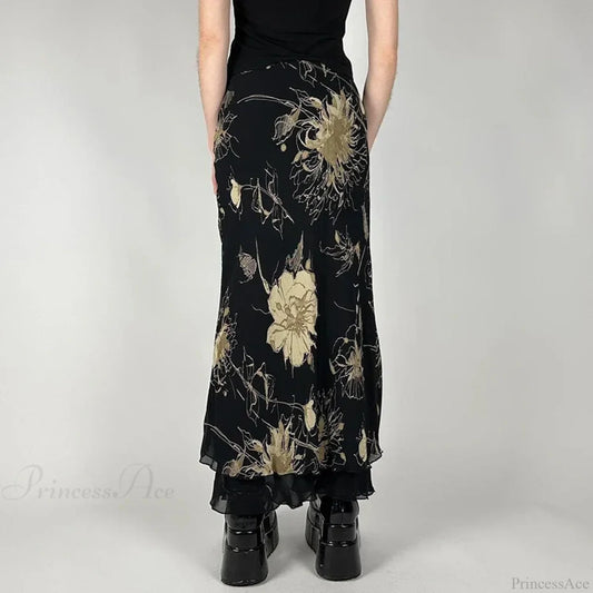 Vintage Floral Print Low Rise Slim-Fitting Streetwear Skirt Black / S skirt-250126