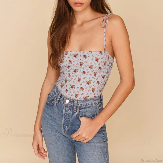 Vintage Floral Smocked Tie Strap Slim Fitted Crop Cami Top BLUE / S croptop-250126