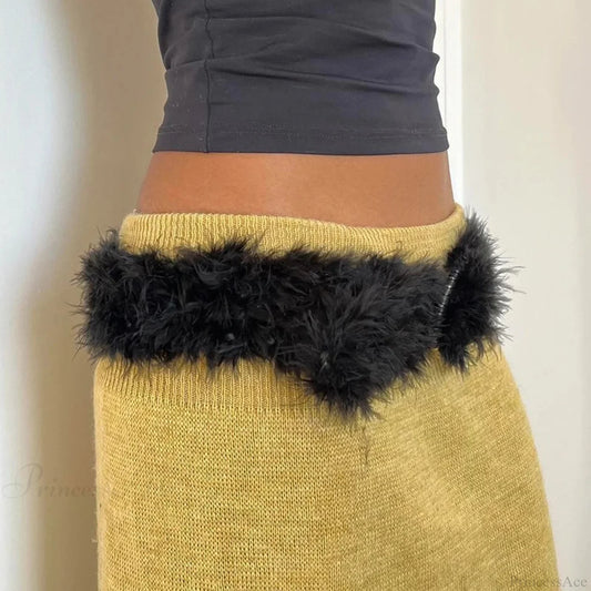 Vintage Gothic Synthetic Leather Patchwork False Hair 2000s Belt Black / 105CM