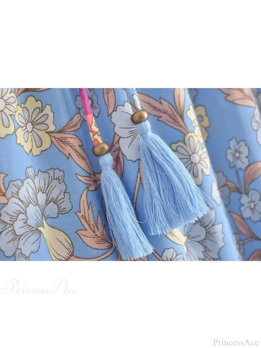 Vintage Hippie Blue Floral Print Tassel Beach Skirt High Elastic A-Line skirt-250126