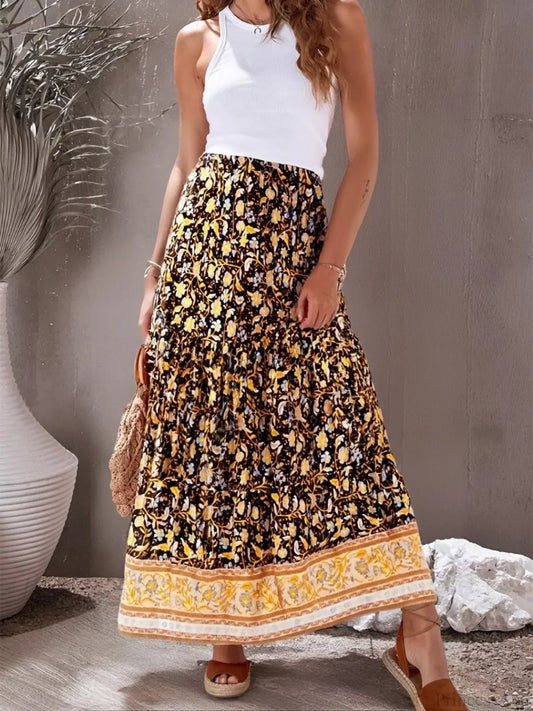 Vintage Hippie Women Floral Printed High Elastic Beach Bohemian Pleated Skirt Black / S skirt-250126