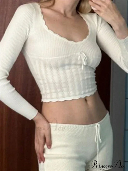 Vintage Knitted Low Cut Round Neck Slim Fit Ribbed T-Shirts White / S