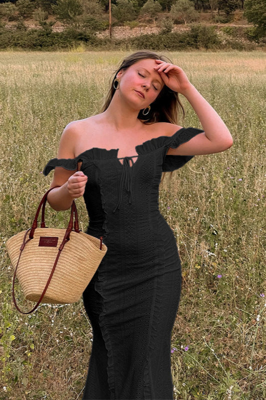 Vintage Lace Off-Shoulder Strap Party Dress Black / S