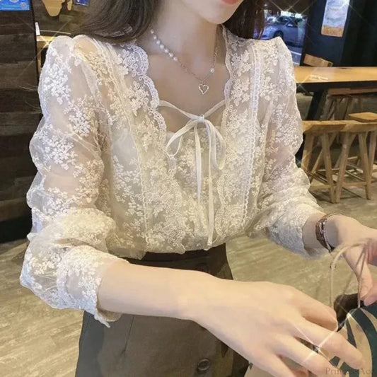 Vintage Lace Puff Long Sleeve Crochet Blouse blouse-250126