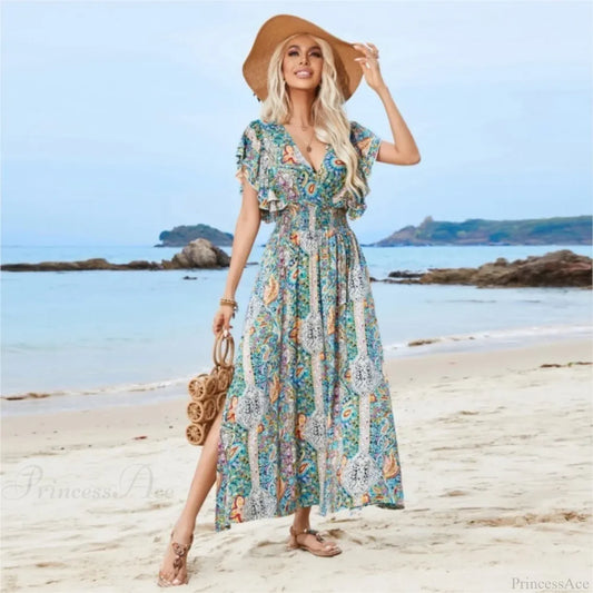 Vintage Lace Up Floral Beach Dress Blue / S oldfloraldress-250126