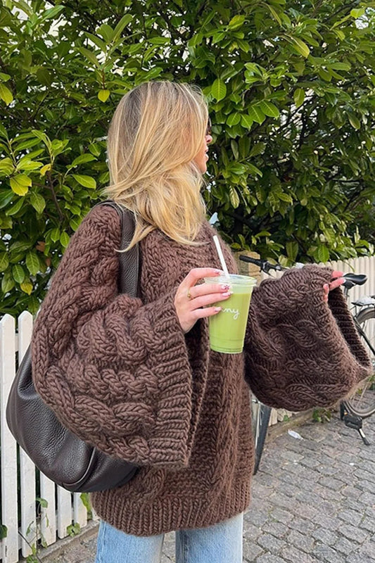 Vintage Loose Comfortable Crew Neck Wide Sleeve Cable Sweater