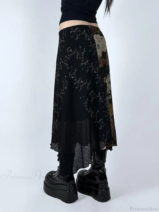 Vintage Patchwork Floral Mesh Skirt Holiday Casual skirt-250126