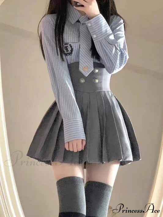 Vintage Patchwork Kawaii Korean Fashion Short Suit Gray / S