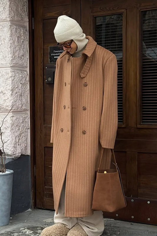 Vintage Pinstripe Notched Collar Wool Blend Overcoat Stripe / S