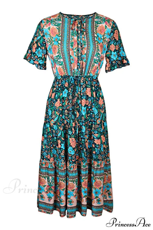 Vintage Round Neck A-Line Boho Dress Blue / S