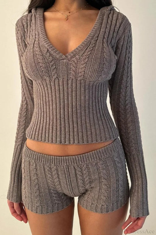 Vintage Sexy Knit Hooded Long Sleeve Cropped Two Piece Set Grey / S