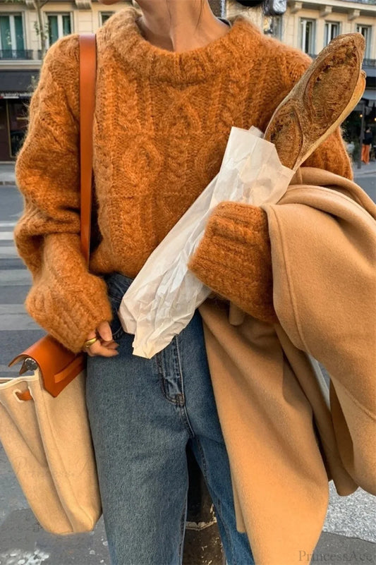 Vintage Thick Yarn Cable Loose Crew Neck Sweater Orange / One size
