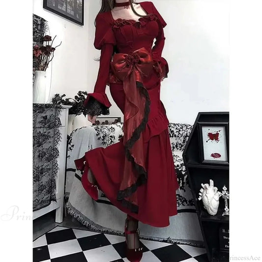 Vintage Velvet Tall Waist Rebel Midi Dress Red / XS