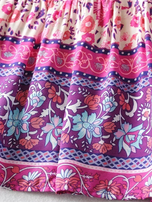 Vintage Women Tassel Elastic Boho Pink Floral Printed Vacation Beach Skirt skirt-250126