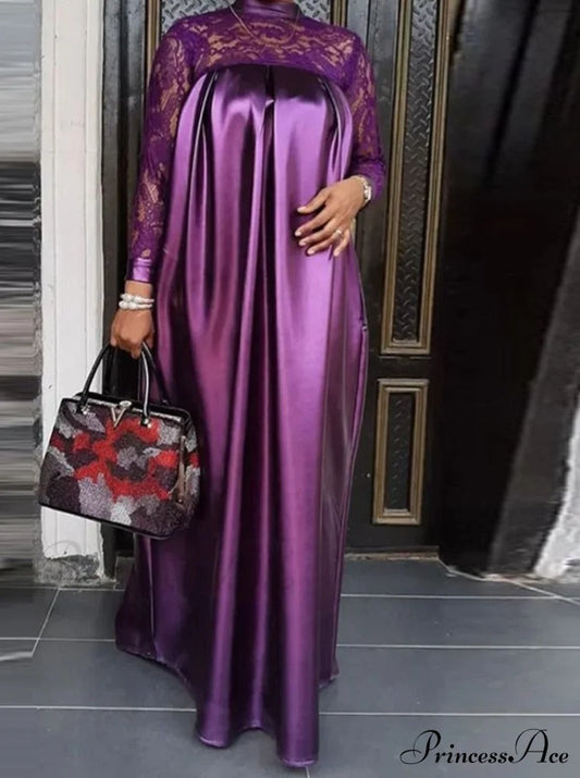 Warm-Season Long Gown Women’s Party And With Full-Length Kaftan Lace Patchwork Neck Sleeves