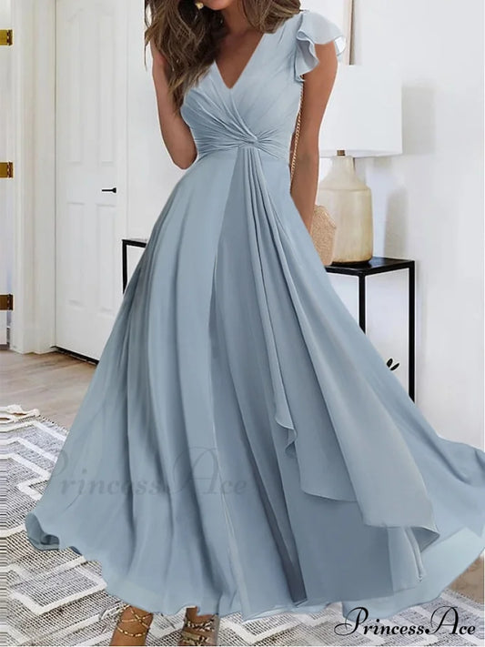 Warm-Season V Neck Layered Guest Party Sleeveless M Women’s Prom L Blue Wedding Full-Length Gown