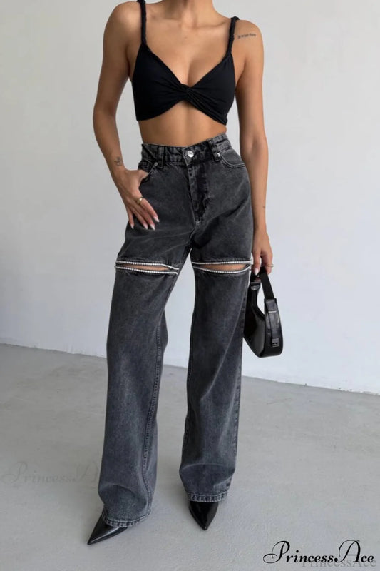 Washed Chain Distressed Straight Jeans Grey / S