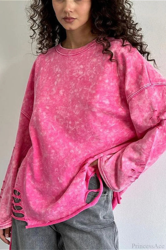 Washed Distressed Speckled Crew Neck Long Sleeve Tee Pink / S