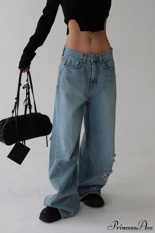 :Washed Letter Print Distressed Relaxed Straight Jeans