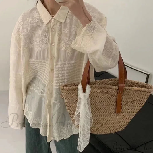 White Cotton Embroidery Lace Long Sleeve Boho Beach Blouse Creamy / One Size bohoblouse-250126