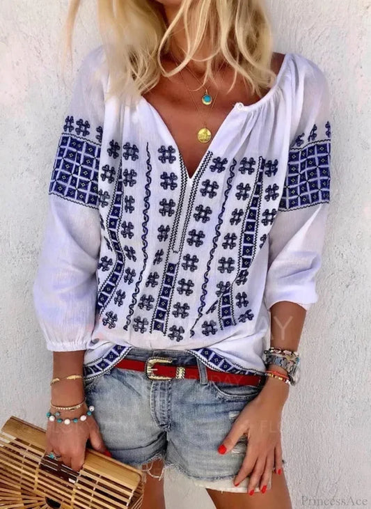 White Cotton Embroidery V-Neck Loose Pullover Boho Blouse White / S bohoblouse-250126