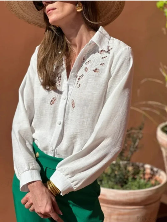 White Cotton Linen Lace Floral Embroidery Boho Blouse Ivory / M bohoblouse-250126